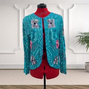 Vintage Jewel Queen Sequin and Silk Floral Embellished Jacket Size S